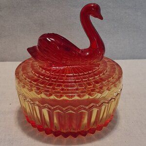 VTG Amberina Jeanette Glass Swan Powder Jar